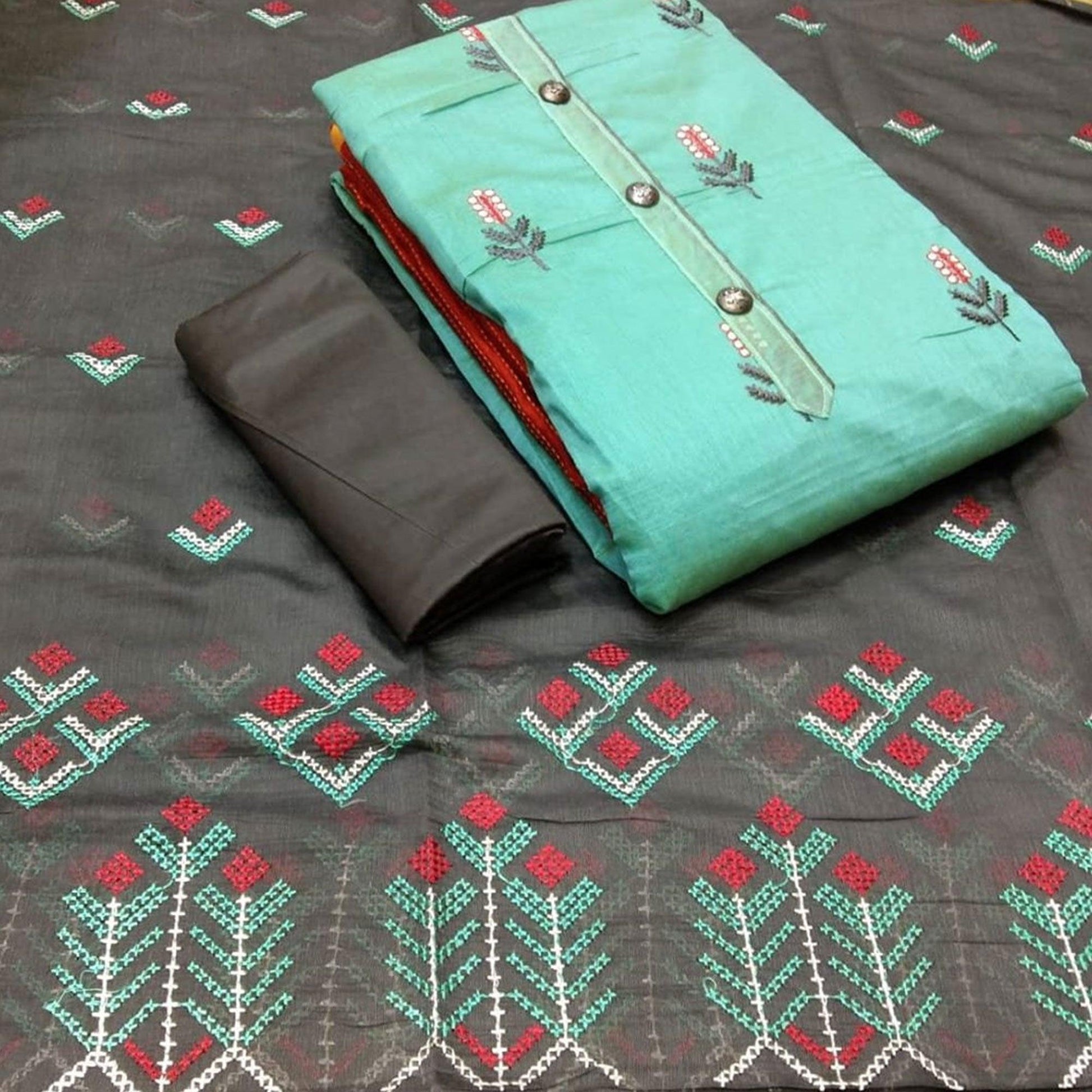 Majesty Rama Colored Casual Wear Embroidered Modal Chanderi Dress Material