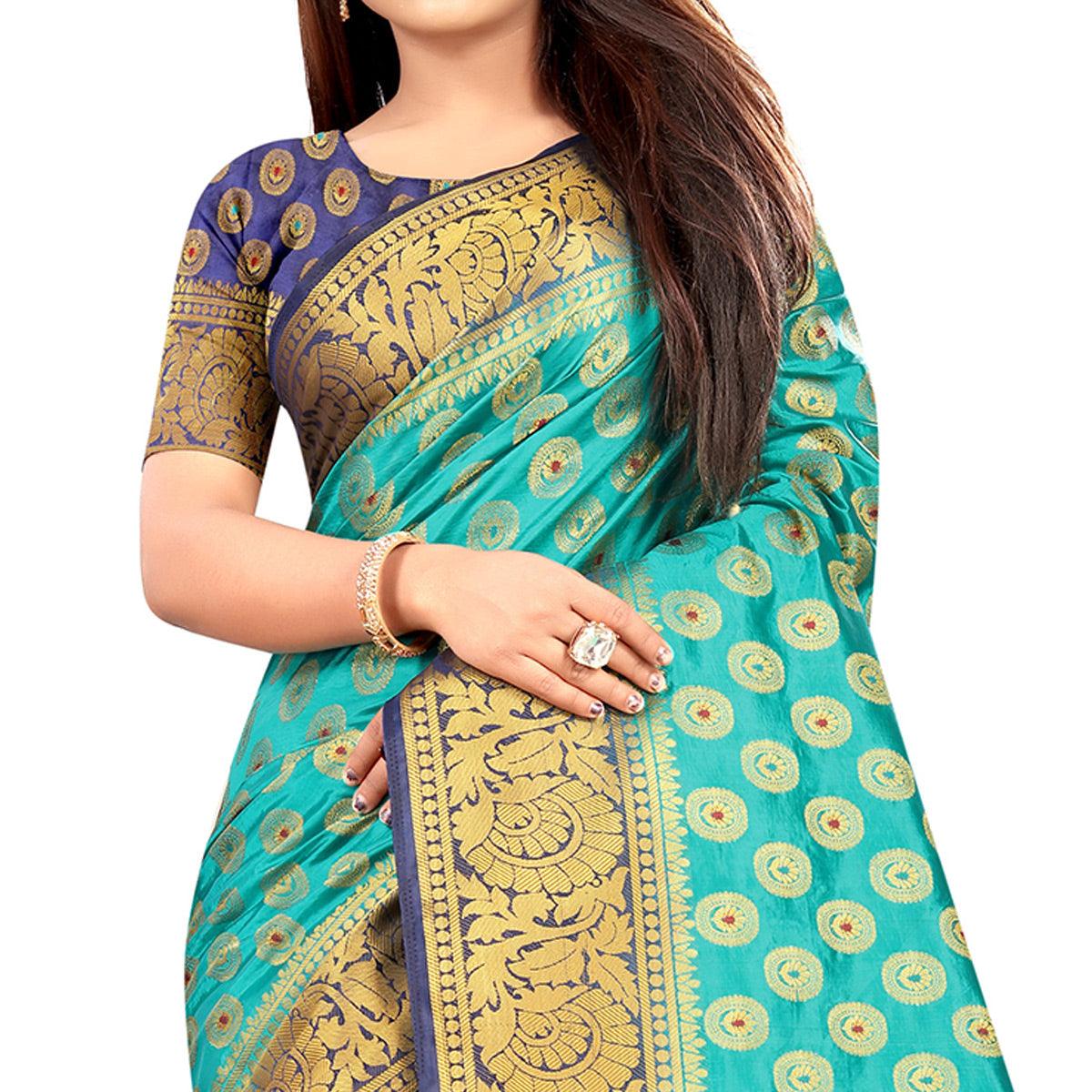 Majesty Rama Colored Festive Wear Woven Art Silk Saree