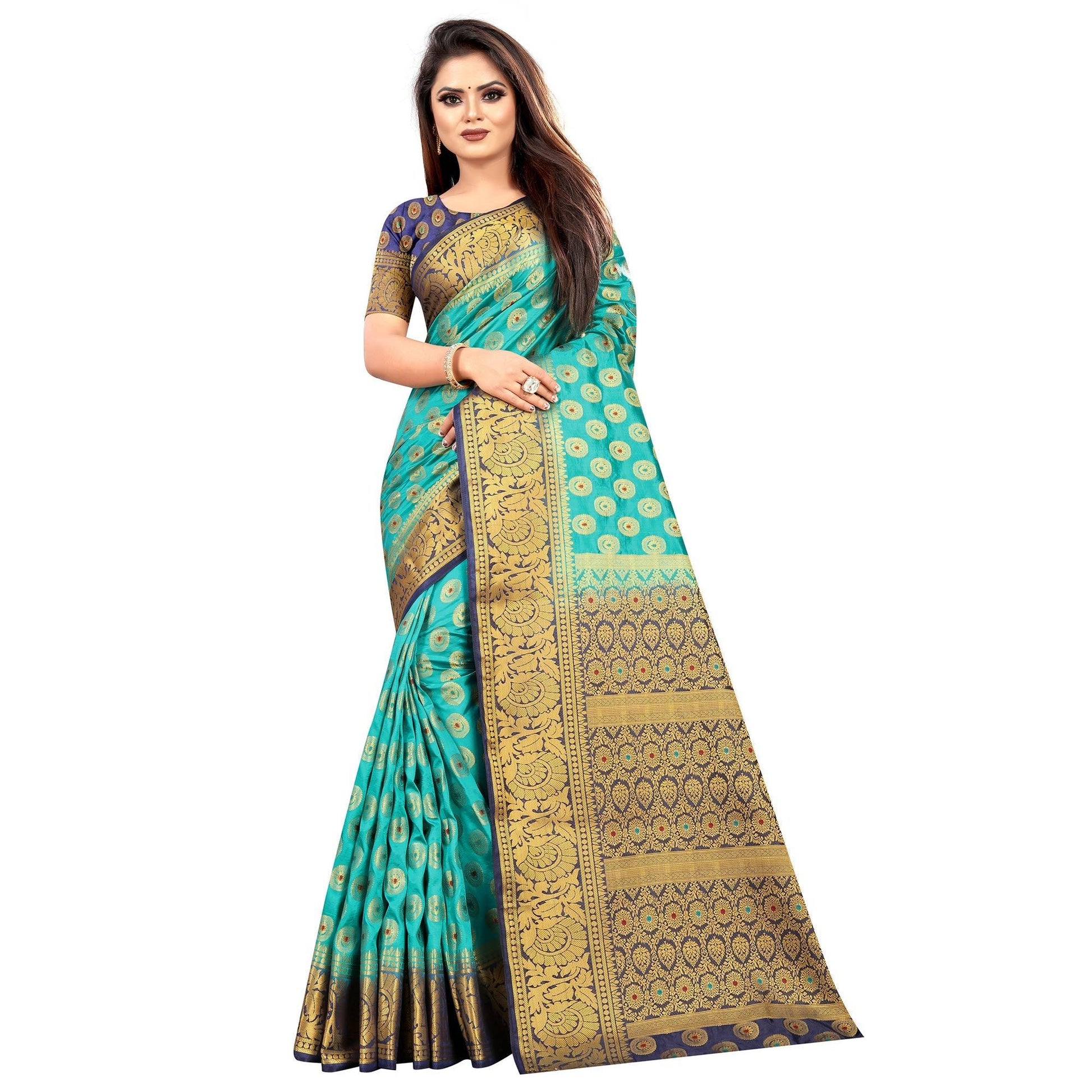 Majesty Rama Colored Festive Wear Woven Art Silk Saree