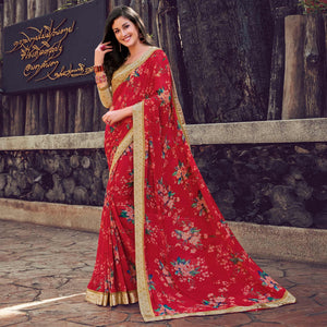 Majesty Red Color Partywear Designer Printed Georgette Saree