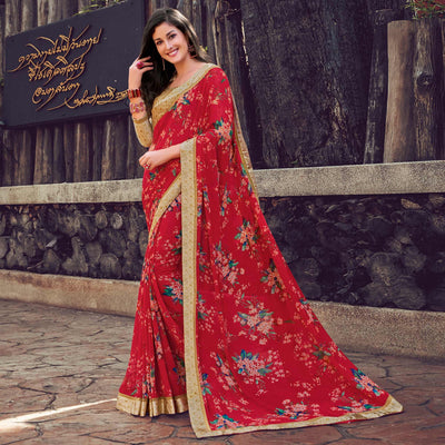 Majesty Red Color Partywear Designer Printed Georgette Saree