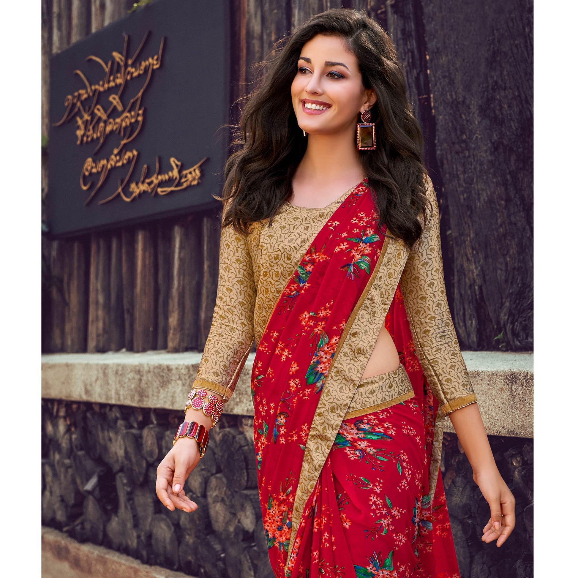 Majesty Red Color Partywear Designer Printed Georgette Saree