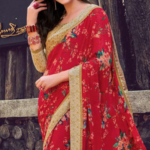 Majesty Red Color Partywear Designer Printed Georgette Saree