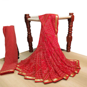 Majesty Red Colored Casual Wear Bandhani Printed Georgette Saree