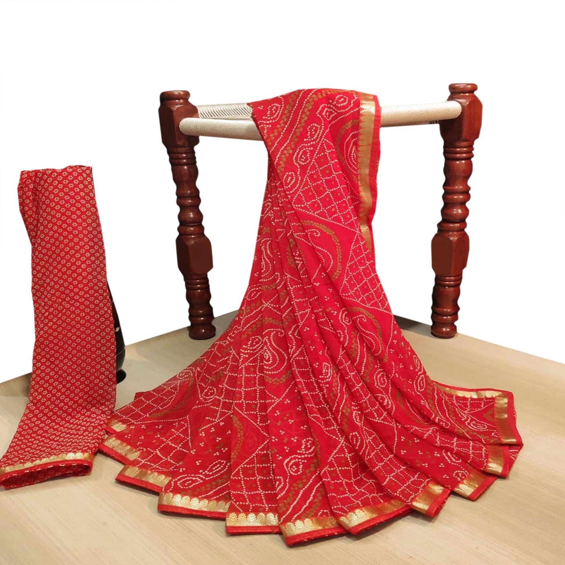 Majesty Red Colored Casual Wear Bandhani Printed Georgette Saree