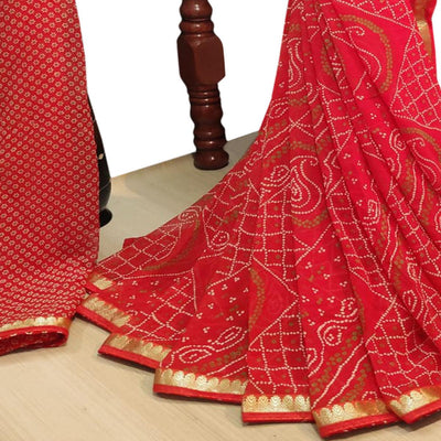 Majesty Red Colored Casual Wear Bandhani Printed Georgette Saree