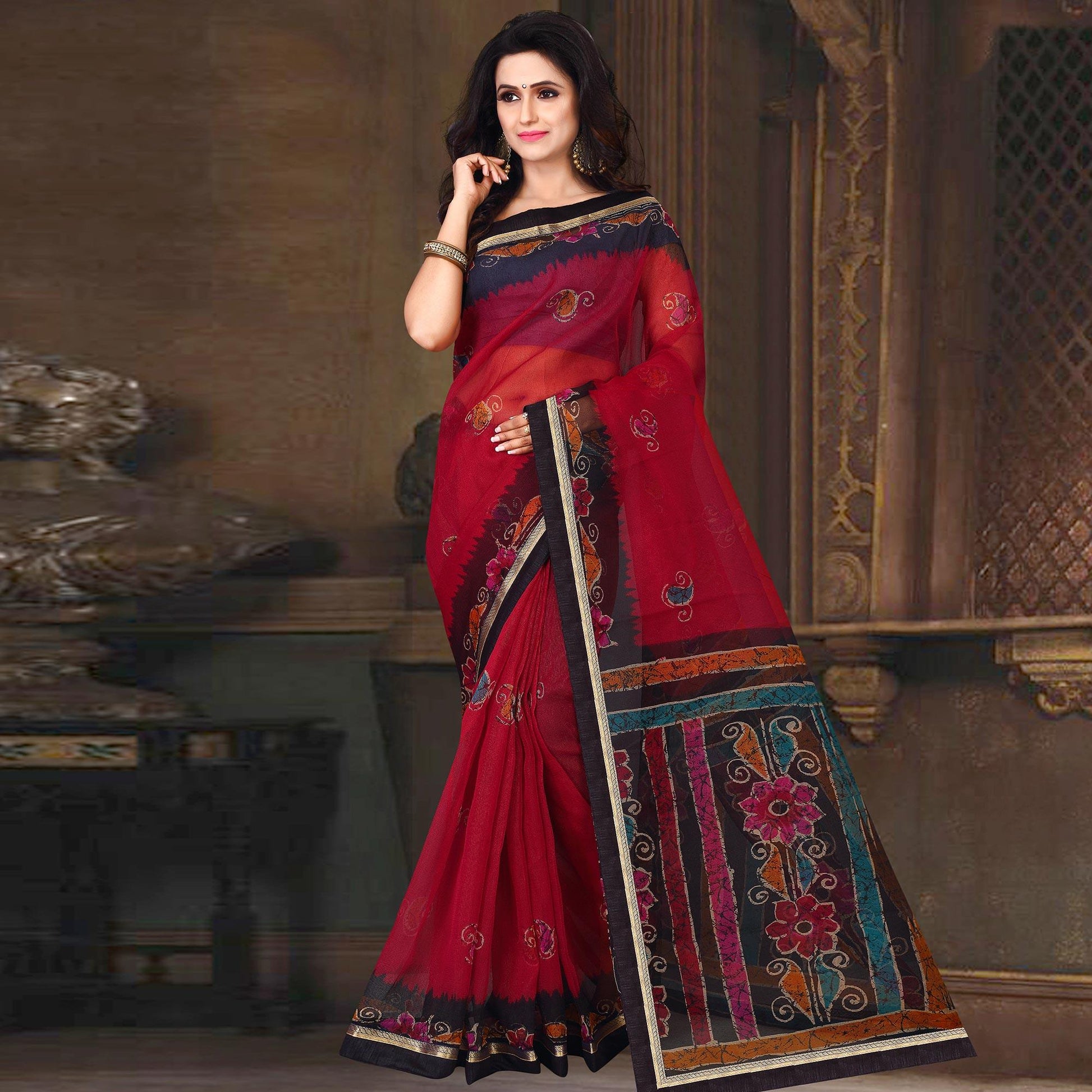 Majesty Red Colored Casual Wear Printed Silk Saree