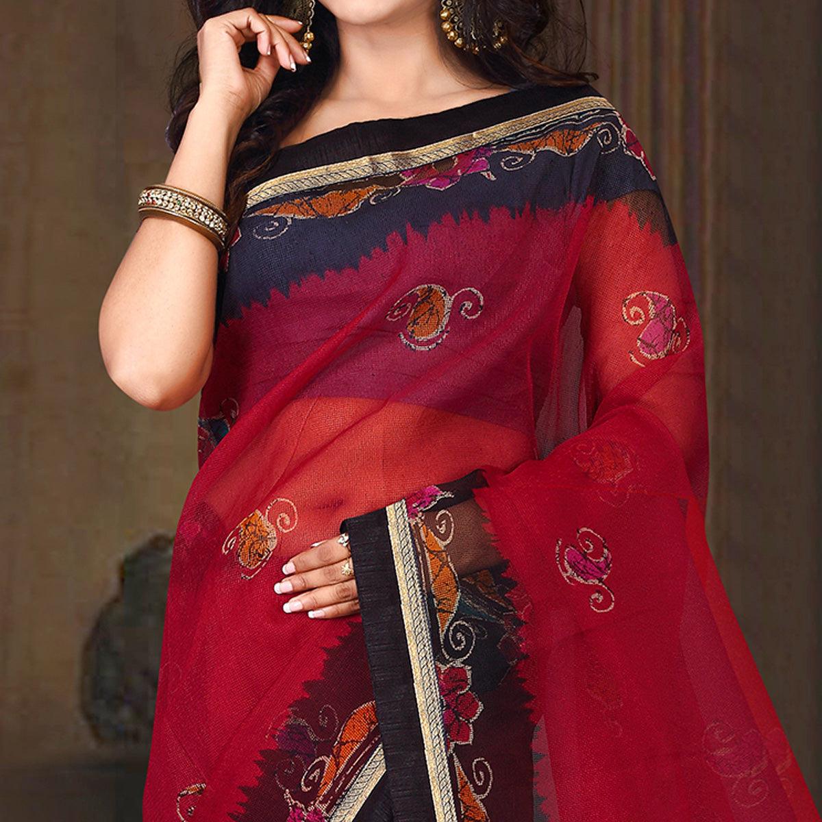 Majesty Red Colored Casual Wear Printed Silk Saree