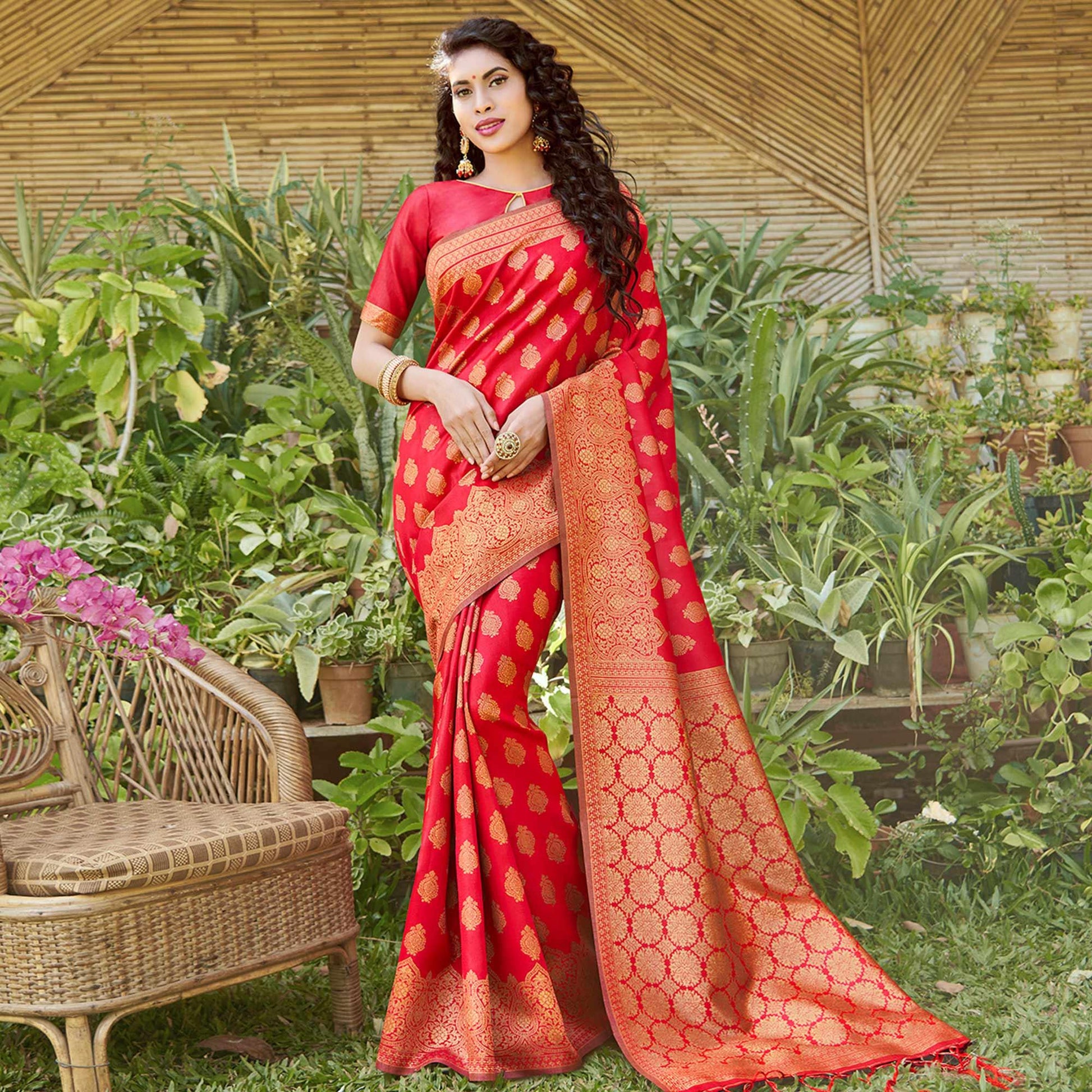 Majesty Red Colored Festive Wear Floral Woven Silk Blend Saree With Tassels