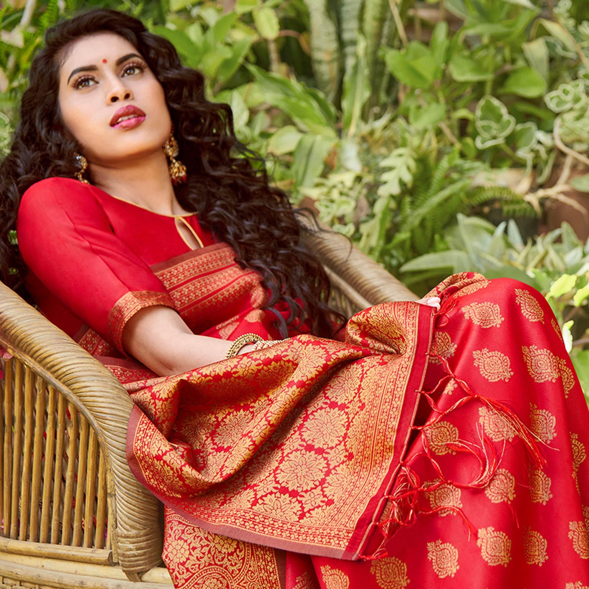 Majesty Red Colored Festive Wear Floral Woven Silk Blend Saree With Tassels