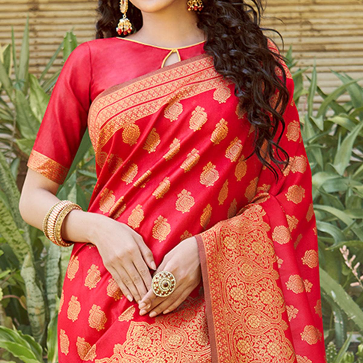 Majesty Red Colored Festive Wear Floral Woven Silk Blend Saree With Tassels