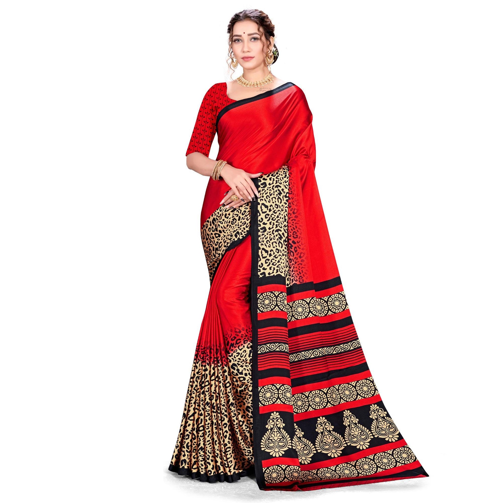 Majesty Red Colored Festive Wear Printed Satin Crepe Saree