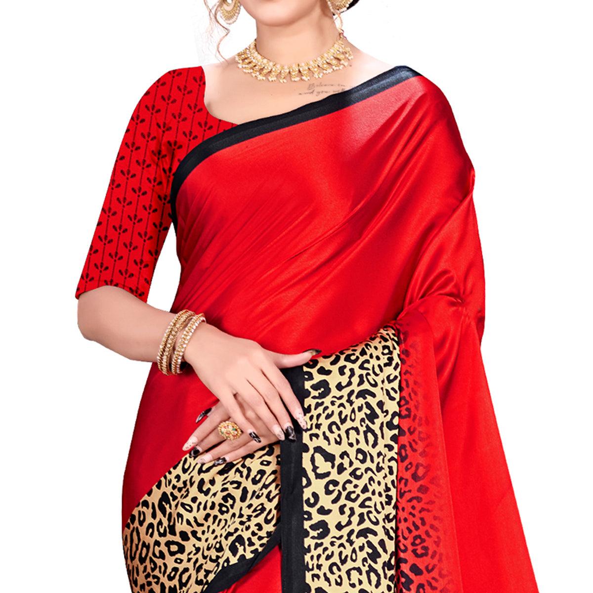 Majesty Red Colored Festive Wear Printed Satin Crepe Saree