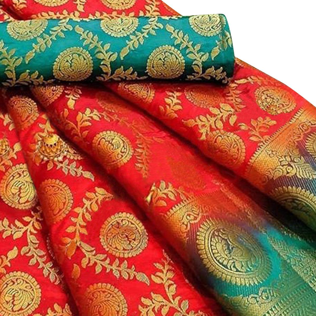 Majesty Red Colored Festive Wear Woven Silk Blend Saree