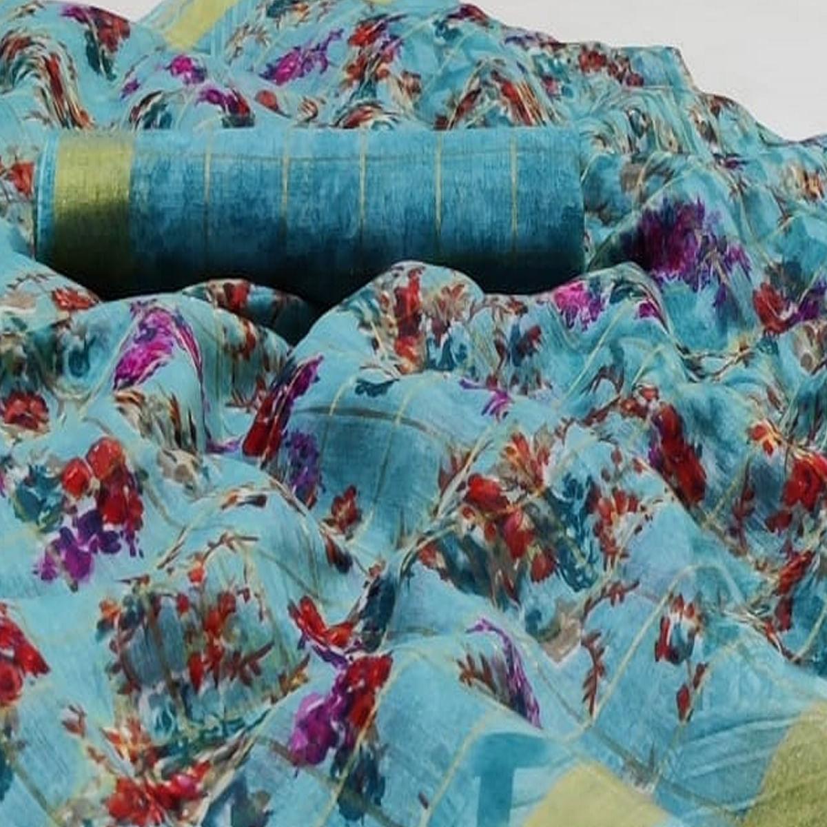 Majesty Sky Blue Colored Casual Wear Fancy Printed Cotton Saree
