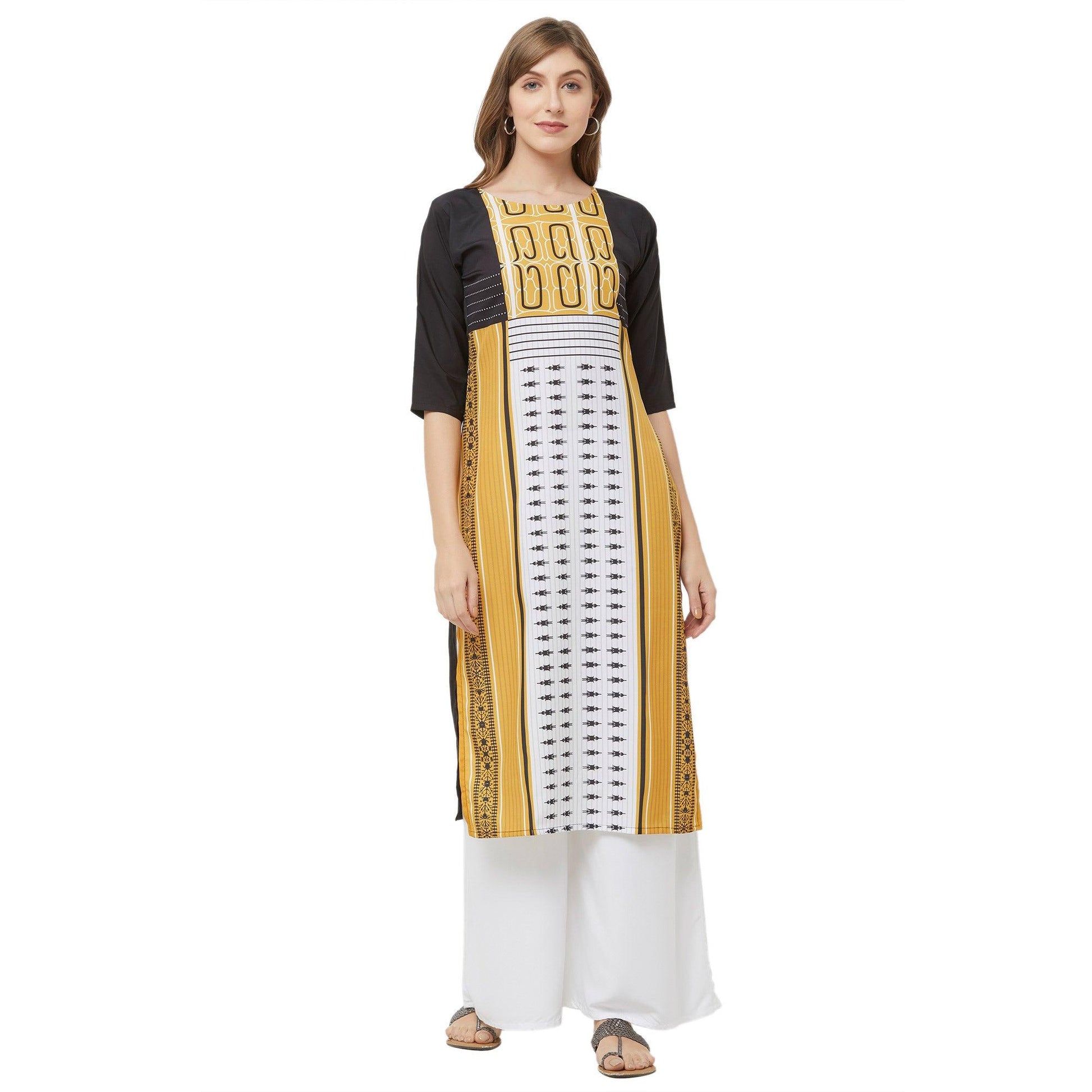 Majesty White-Yellow Colored Casual Printed Crepe Kurti