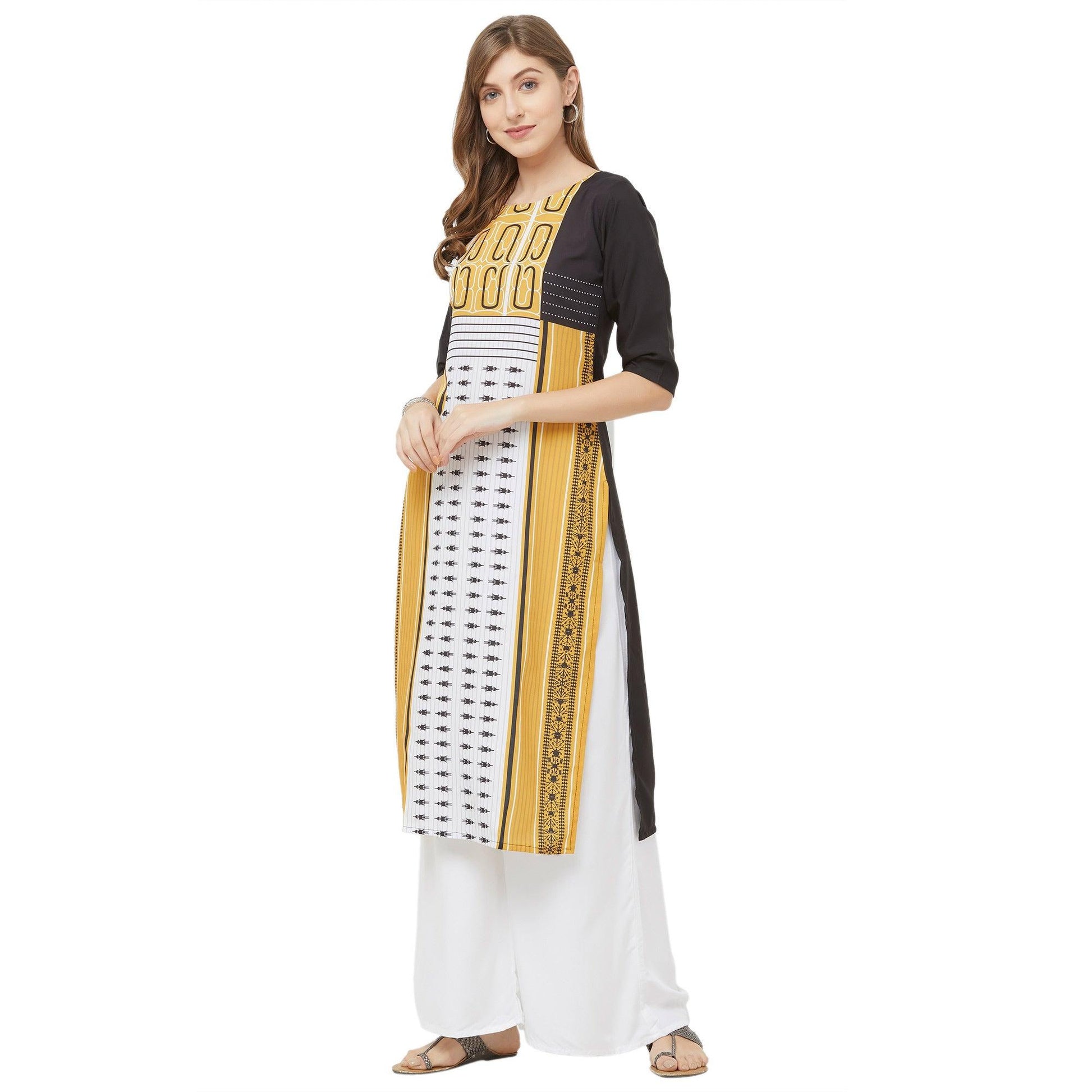 Majesty White-Yellow Colored Casual Printed Crepe Kurti