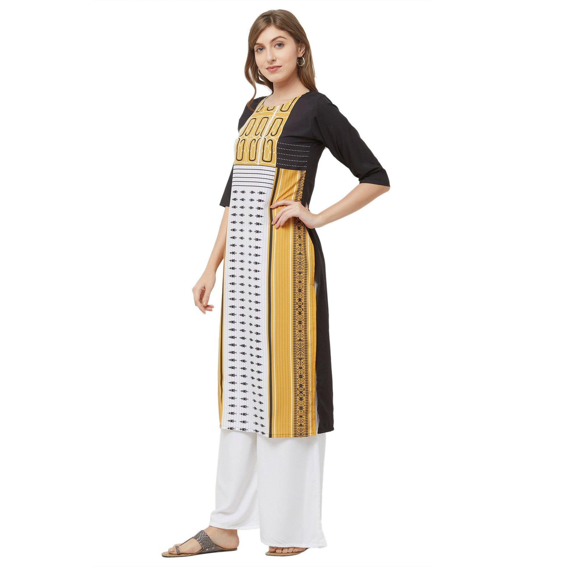 Majesty White-Yellow Colored Casual Printed Crepe Kurti