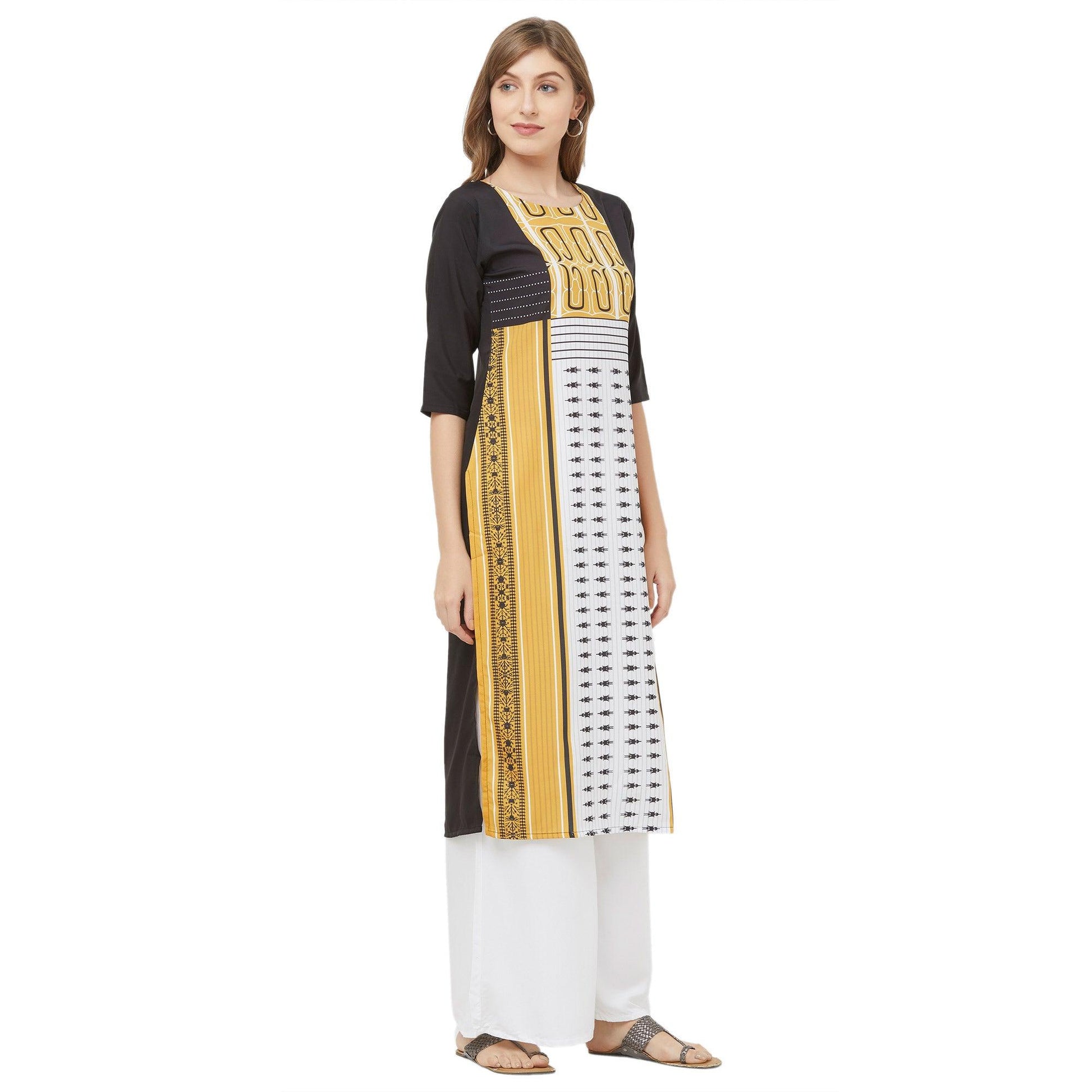 Majesty White-Yellow Colored Casual Printed Crepe Kurti