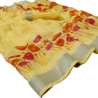 Majesty Yellow Colored Casual Floral Printed Linen Saree