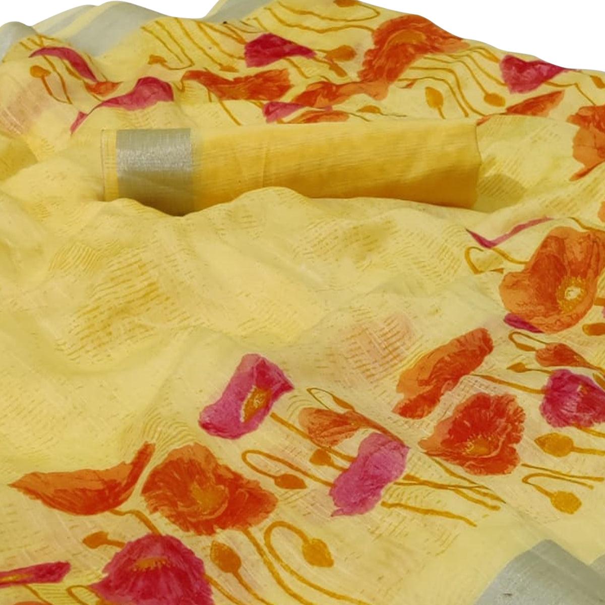 Majesty Yellow Colored Casual Floral Printed Linen Saree
