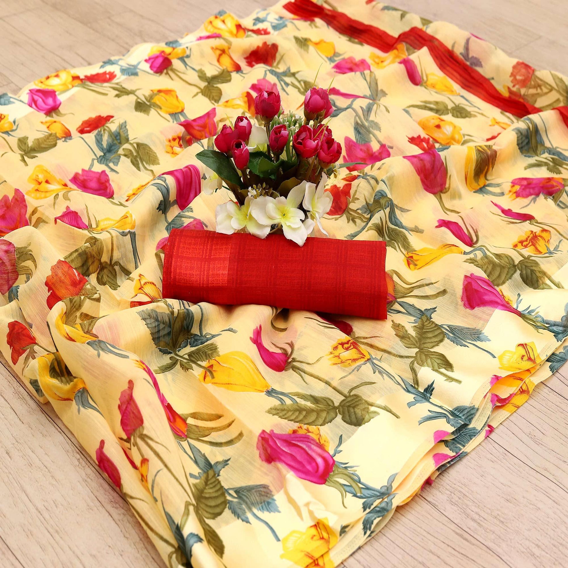 Majesty Yellow Colored Casual Wear Floral Printed Cotton Blend Saree