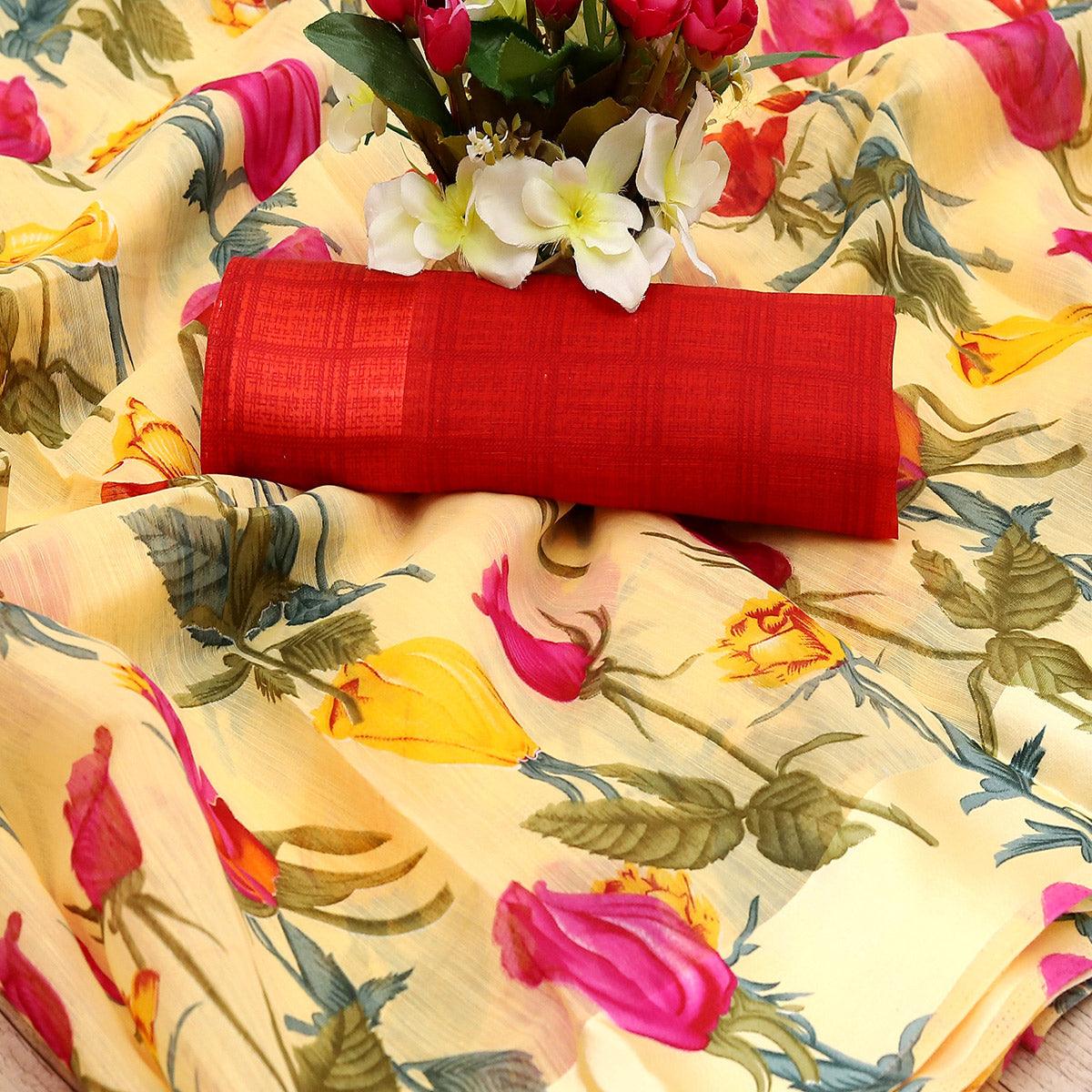 Majesty Yellow Colored Casual Wear Floral Printed Cotton Blend Saree