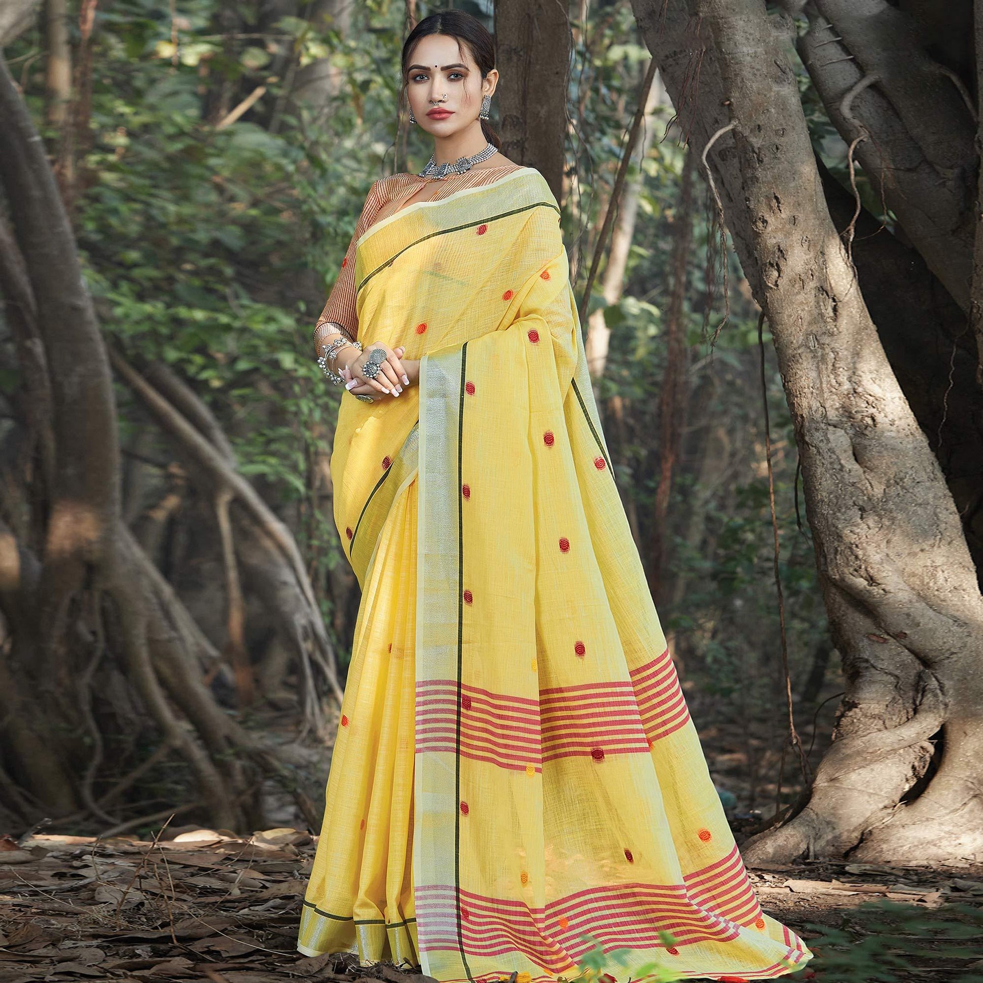 Majesty Yellow Colored Festive Wear Printed Linen Saree