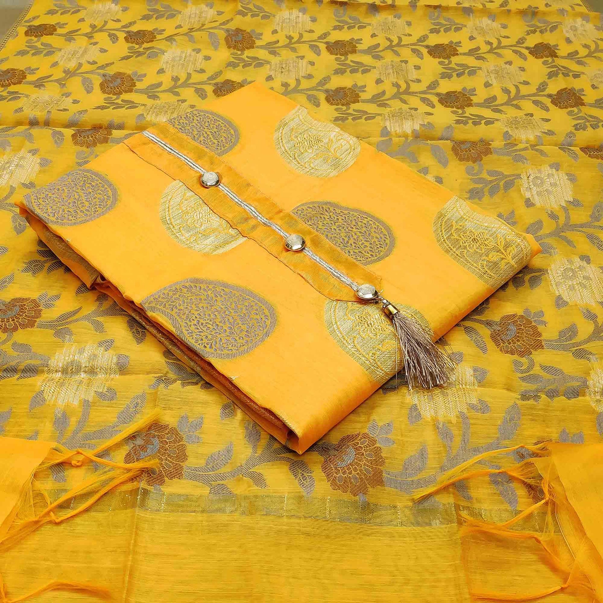 Majesty Yellow Colored Festive Wear Woven Heavy Banarasi Silk Dress Material