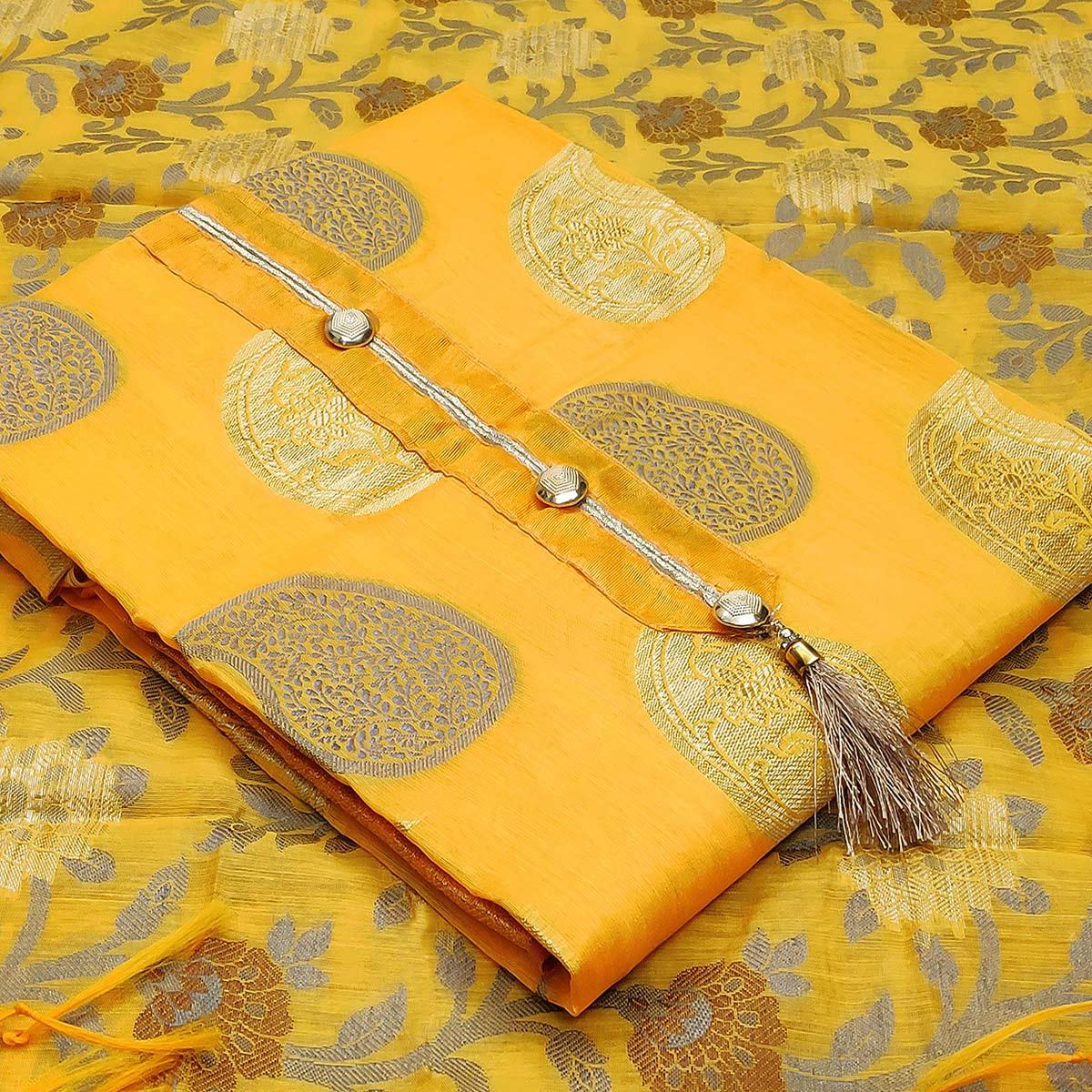 Majesty Yellow Colored Festive Wear Woven Heavy Banarasi Silk Dress Material