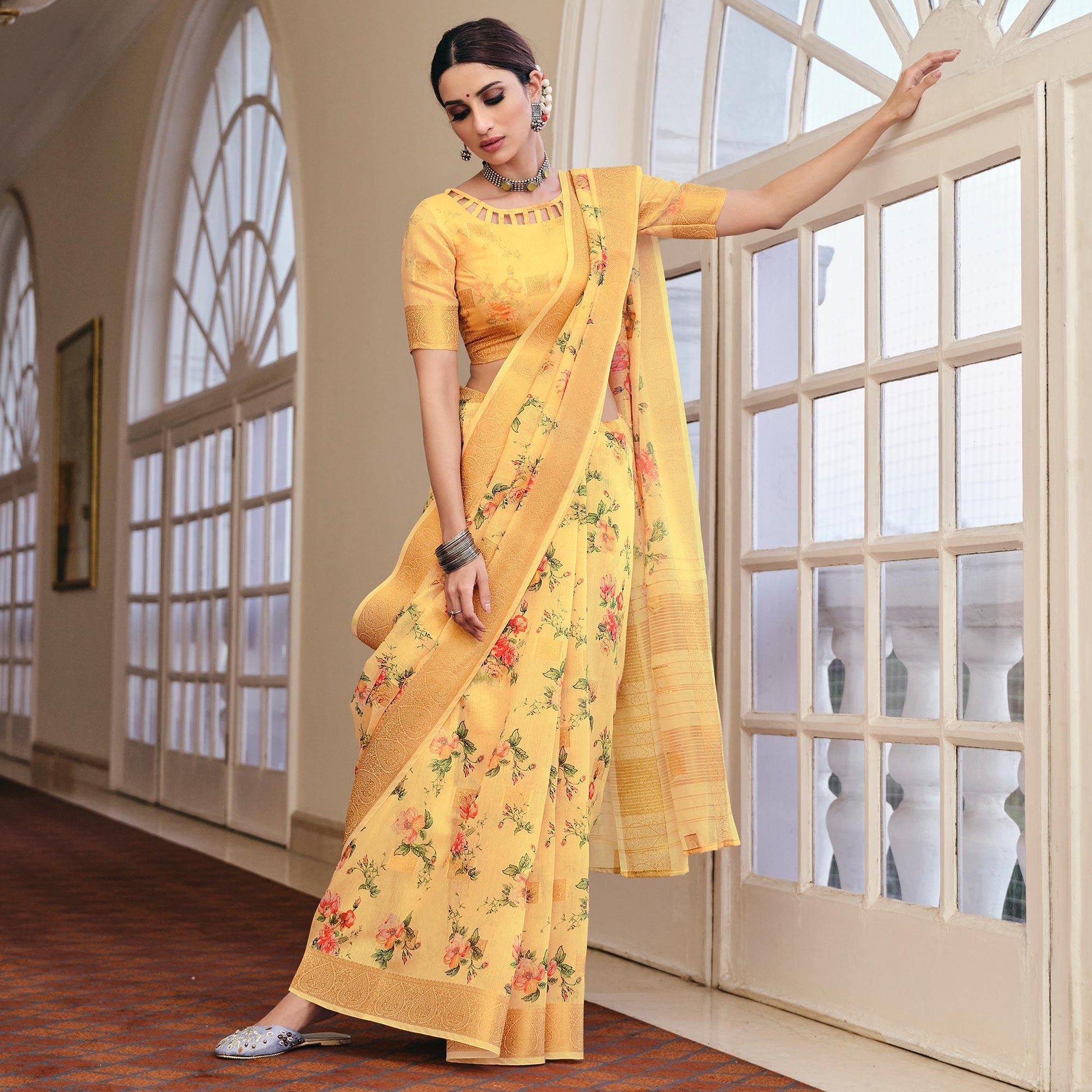 Majesty Yellow Colored Party Wear Digital Printed Linen Saree