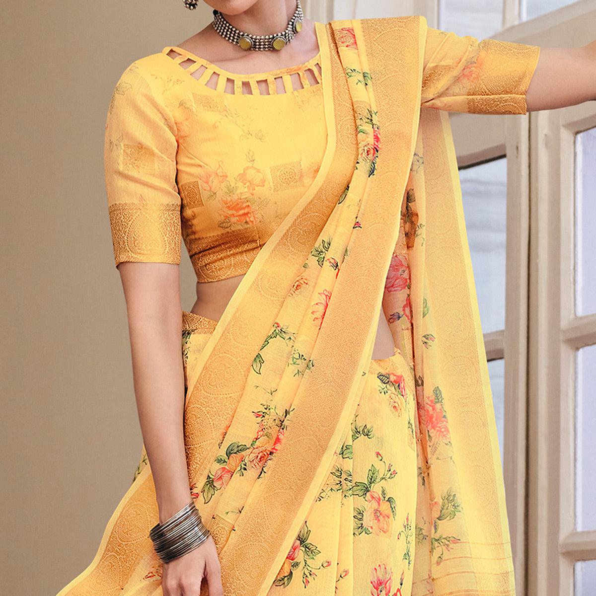 Majesty Yellow Colored Party Wear Digital Printed Linen Saree