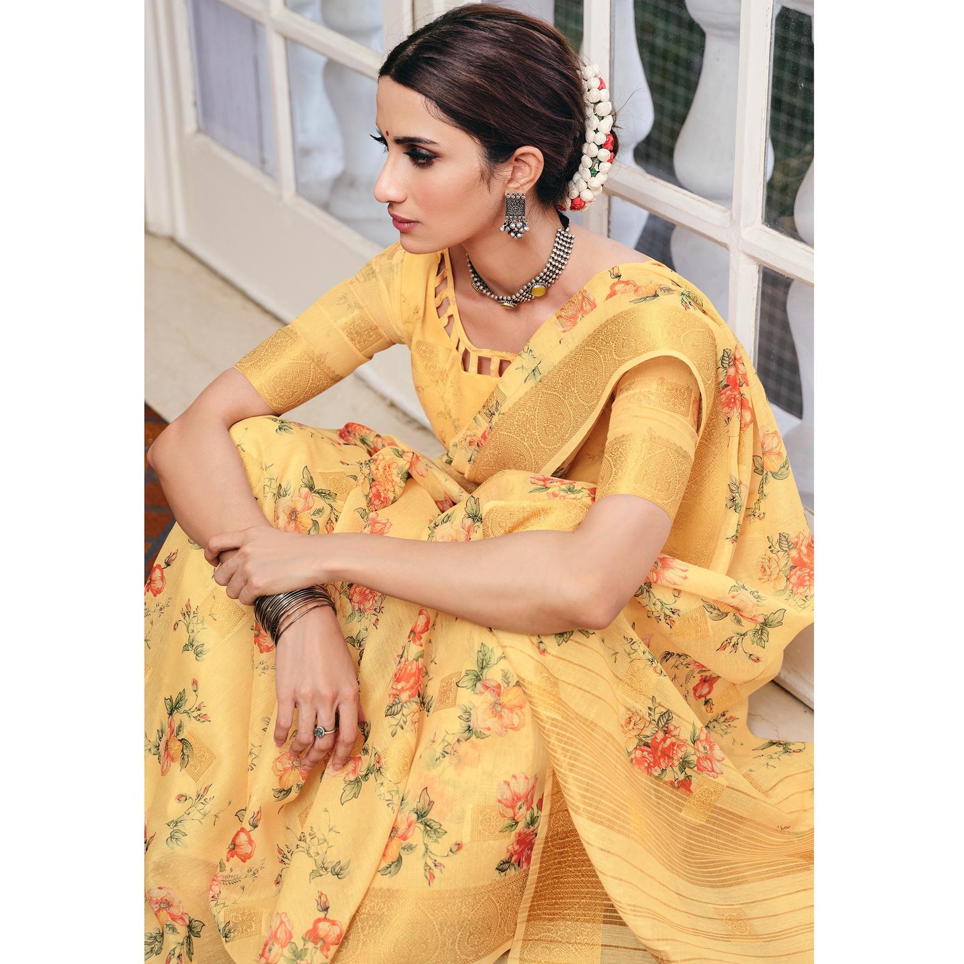 Majesty Yellow Colored Party Wear Digital Printed Linen Saree