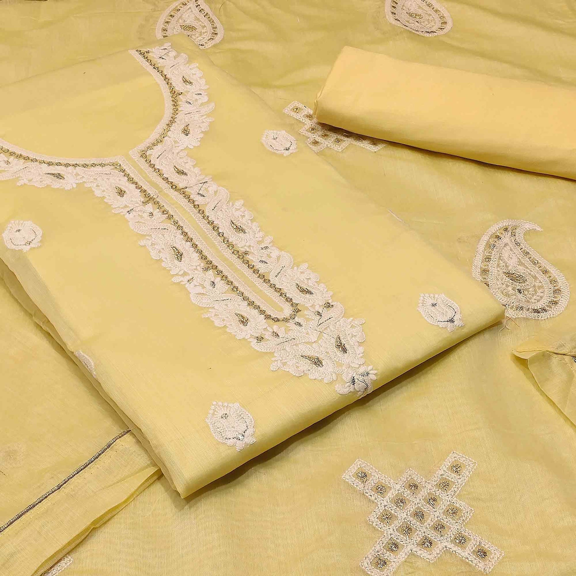 Majesty Yellow Colored Partywear Embroidered Modal Silk Dress Material