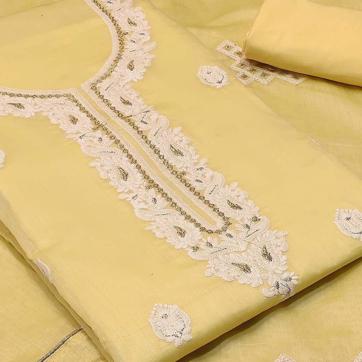 Majesty Yellow Colored Partywear Embroidered Modal Silk Dress Material