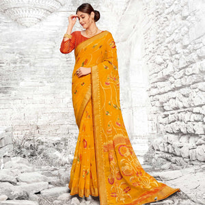 Majesty Yellow Coloured Partywear Printed Brasso Saree