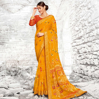 Majesty Yellow Coloured Partywear Printed Brasso Saree