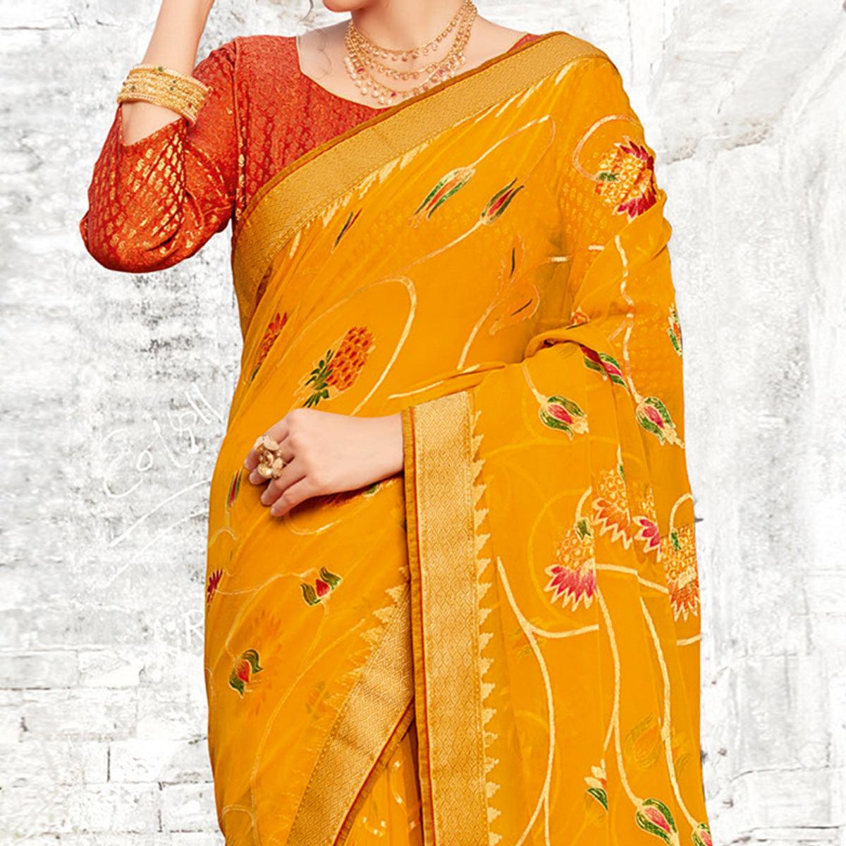 Majesty Yellow Coloured Partywear Printed Brasso Saree