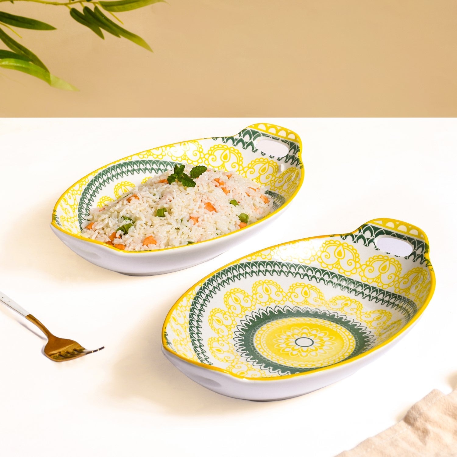 Yellow And Green Mandala Ceramic Platter Set Of 2