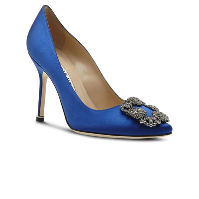 Manolo Blahnik Hangisi Blue Satin Jewel Buckle Heels