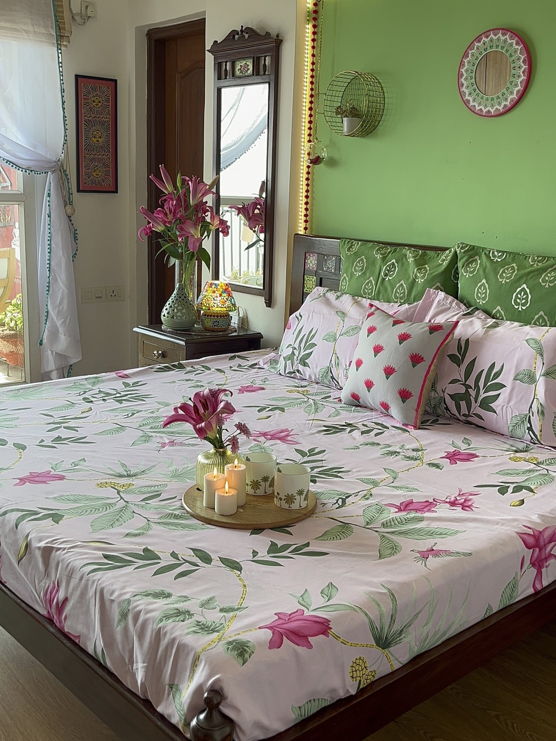 Serene 200 TC 100% Cotton Single Printed Bedsheet with Pillow Covers - Bloom Ray Pink
