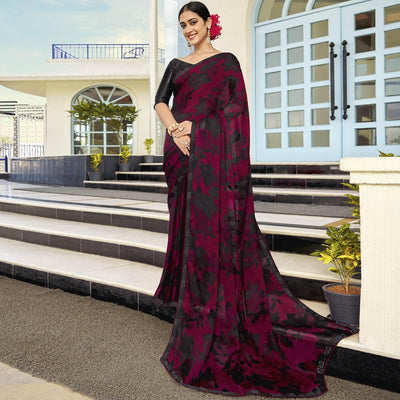 Maroon & Black Partywear Floral Printed Chiffon Saree