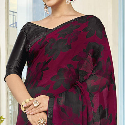 Maroon & Black Partywear Floral Printed Chiffon Saree