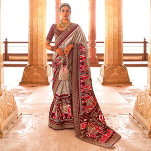 Maroon & Off White Patola Printed-Sequins Embroidered Pure Silk Saree