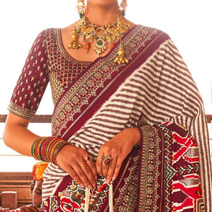 Maroon & Off White Patola Printed-Sequins Embroidered Pure Silk Saree