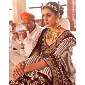 Maroon & Off White Patola Printed-Sequins Embroidered Pure Silk Saree