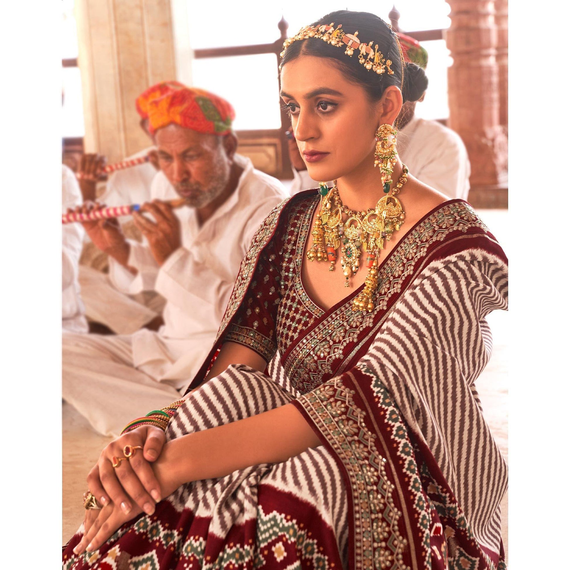 Maroon & Off White Patola Printed-Sequins Embroidered Pure Silk Saree