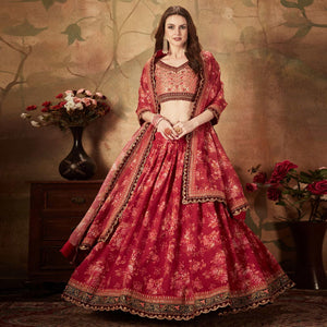 Maroon & Peach Partywear Floral Print With Sequins Embroidery Organza Lehenga Choli