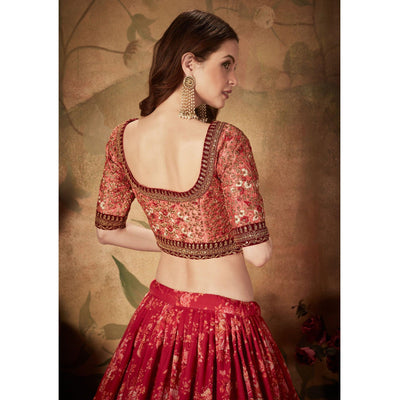 Maroon & Peach Partywear Floral Print With Sequins Embroidery Organza Lehenga Choli