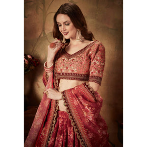 Maroon & Peach Partywear Floral Print With Sequins Embroidery Organza Lehenga Choli